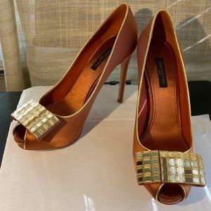 LOUIS VUITTON COPPER SATIN HEELS FABRIC PUMPS GOLD LEATHER 36.5-6 mules slip-on